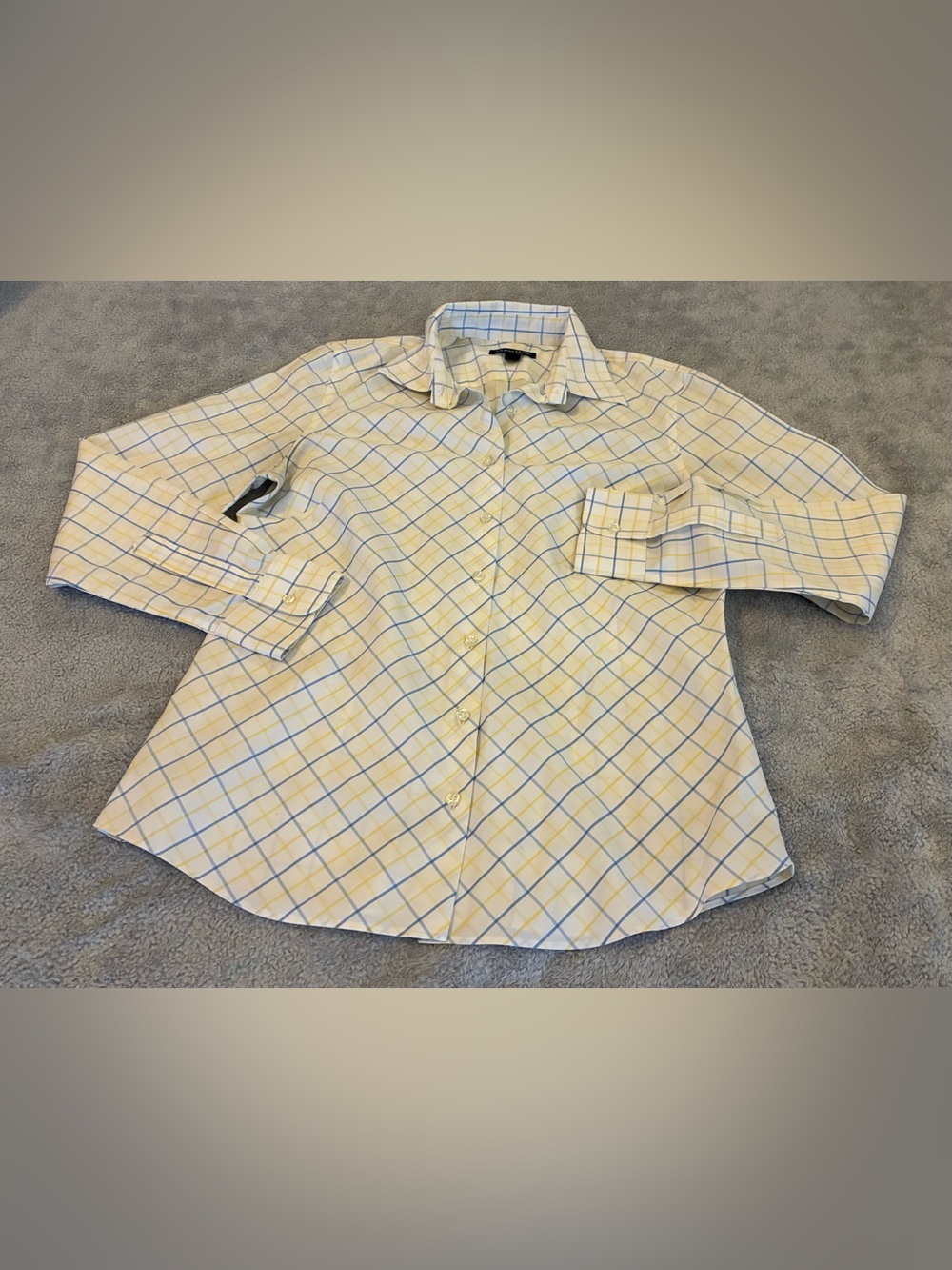 Women’s Land’s End Button-Up Plaid Dress Shirt White, Blue & Yellow Plaid Size 6